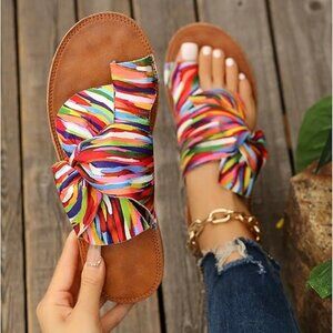 Women's Rainbow Bow Tie Flat Beach Sandals
